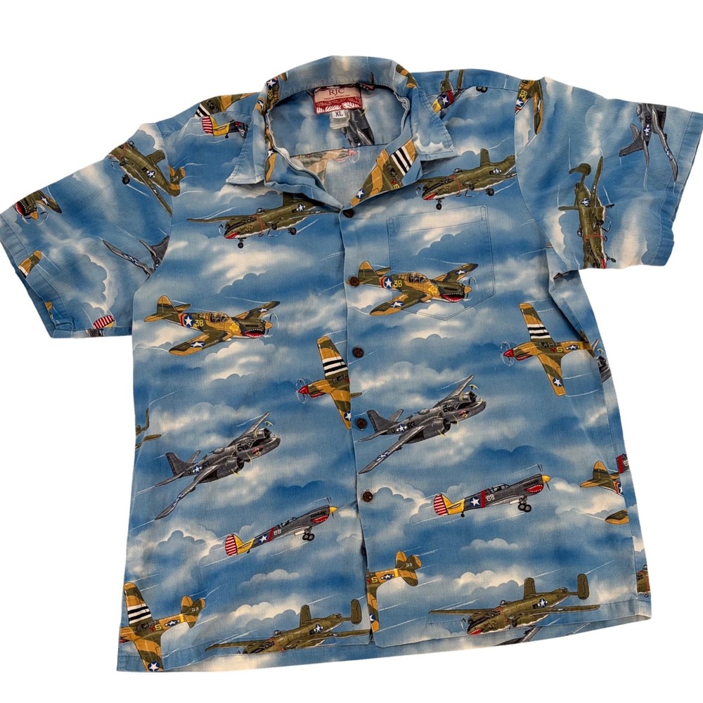 RJC Hawaii WWII Fighter Plane Hawaiian Shirt XL Made In USA Aviation Aloha